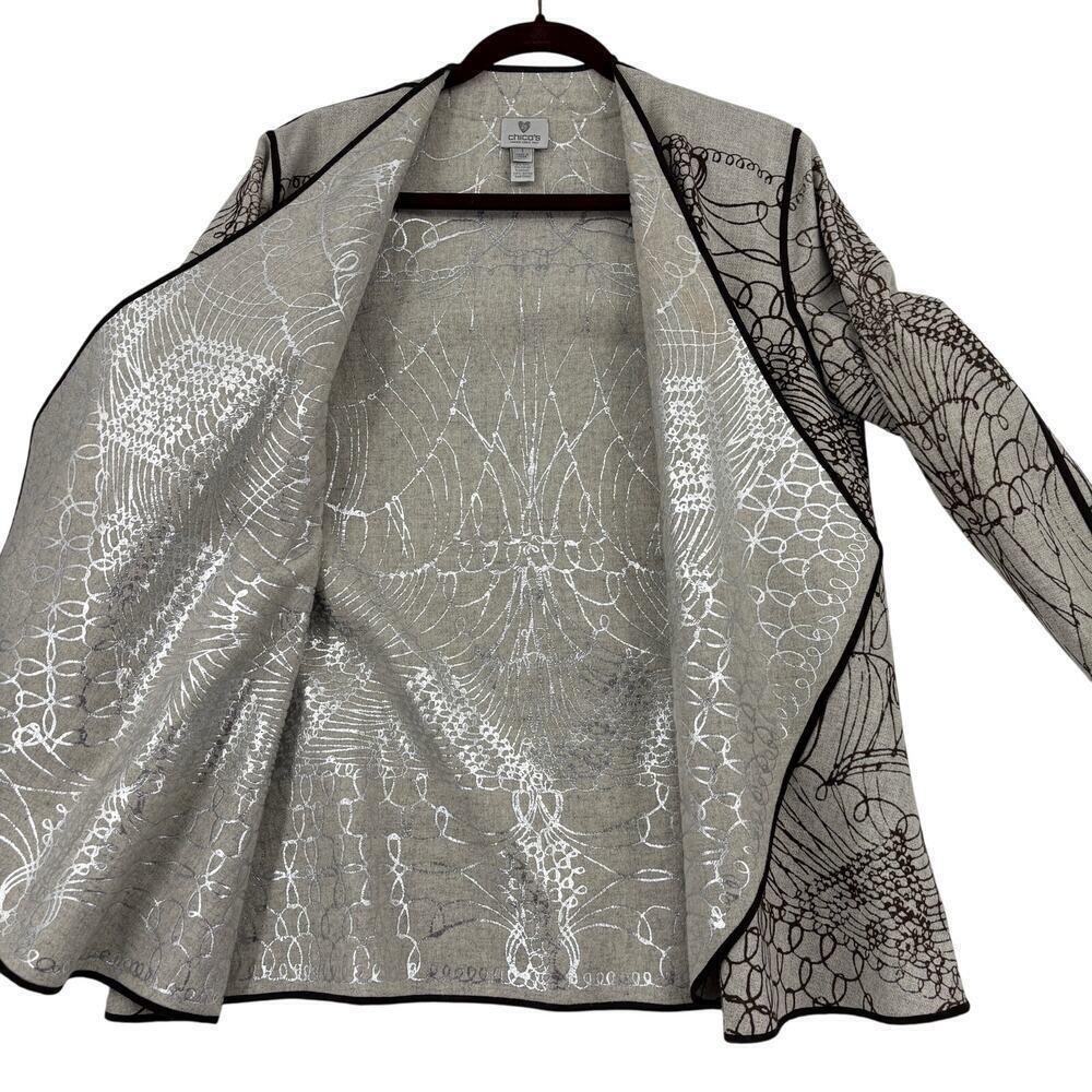 Chico's Reversible Jacket Blazer Size M Beige Brown Embroiderd Wool Blend Open - Picture 3 of 14